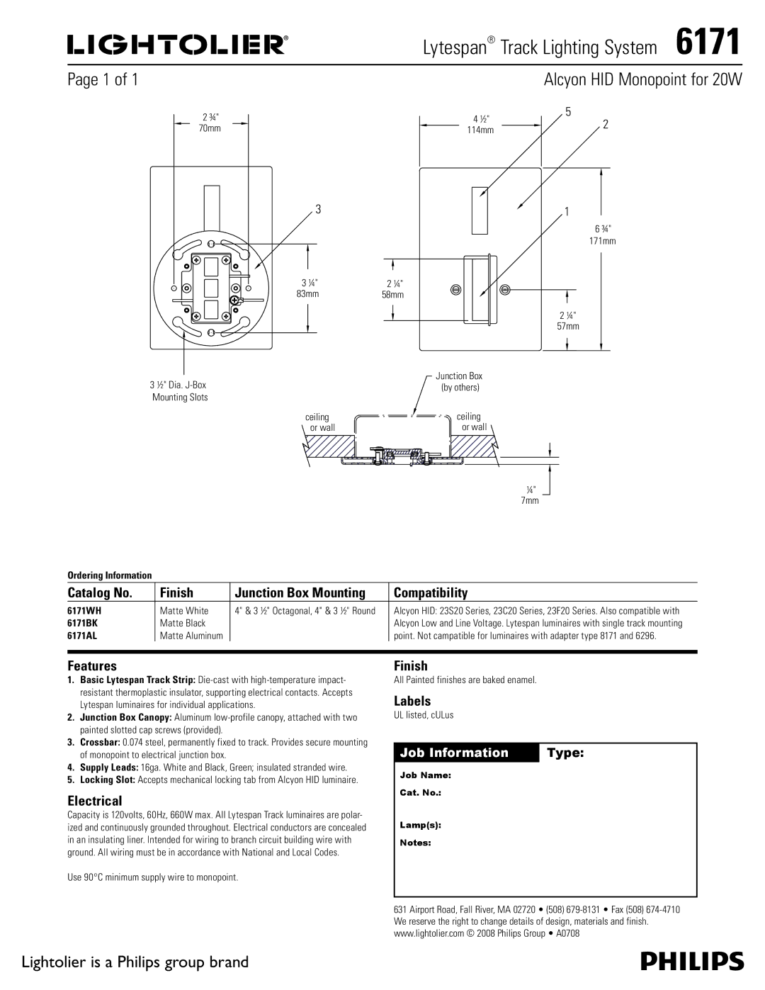 Lightolier 6171 manual Lytespan Track Lighting System , Alcyon HID Monopoint for 20W, Lightolier is a Philips group brand 